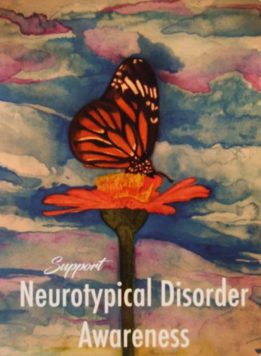 Support Neurotypical Disorder Awareness painting showing a monarch butterfly on a pink flower against a blue and purple watercolor sky